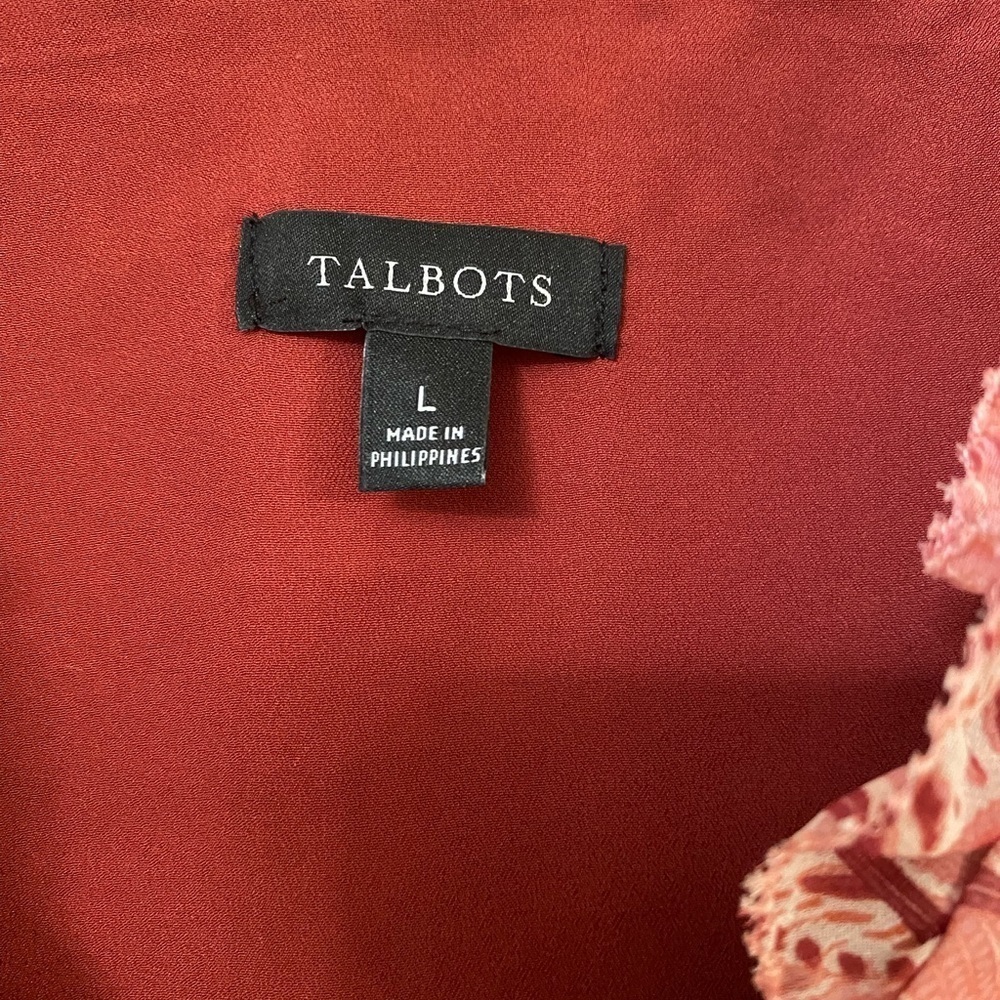 Talbots Women Pink Peacock Feathers Top Ruffle Blouse Size L - Picture 9 of 14